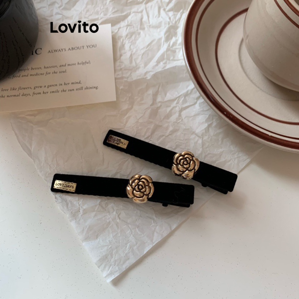 Lovito กิ๊บติดผมสตรี ลายดอกไม้ ลำลองสีพื้น สำหรับสตรี LFA03131 (สีดำ)