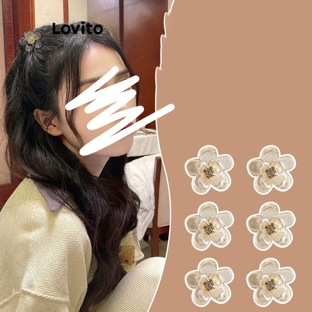 Lovito กิ๊บหนีบผมผู้หญิง แต่งพลอยเทียม รูปดอกไม้ สีเรียบ สไตล์ลำลอง LFA09358