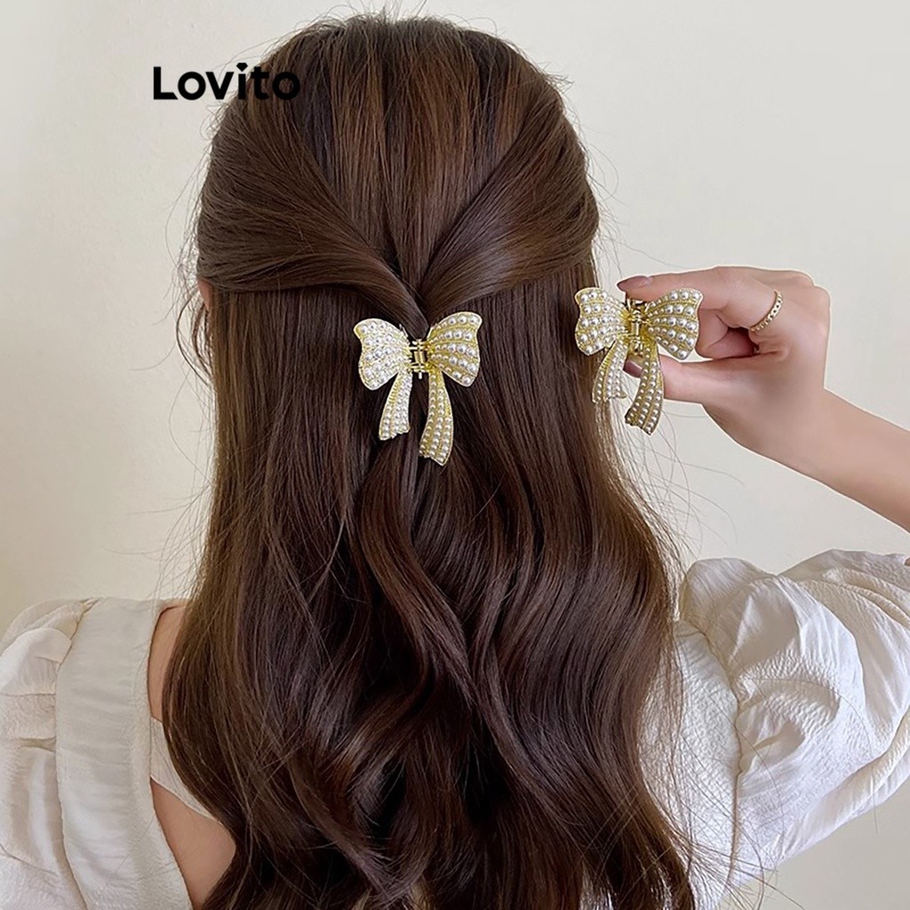 Lovito คลิปหนีบผมรูปโบว์ แต่งไข่มุก สำหรับผู้หญิง สไตล์ลำลอง LFA04140 (สีทอง)