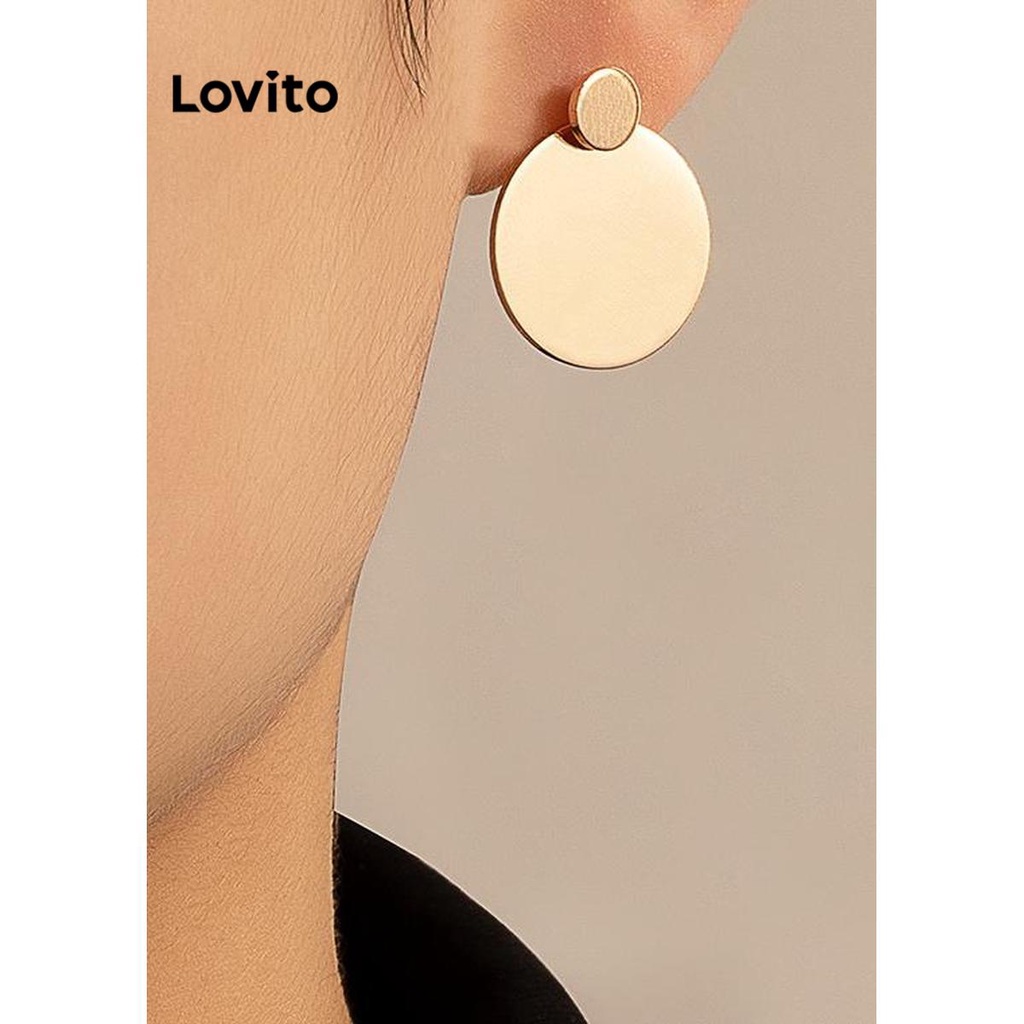 Lovito ต่างหูผู้หญิง โลหะ สีเรียบ สไตล์หรูหรา LFA09065
