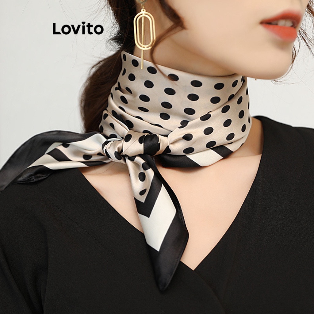 Lovito ผ้าพันคอลําลอง ลายจุด ทรงกลม สําหรับผู้หญิง LFA06076 (สีดําและสีขาว/สีดํา)