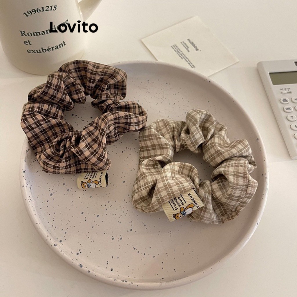 Lovito ยางรัดผมแบบผ้า ลายตาราง สไตล์ลำลอง สำหรับผู้หญิง LFA08442 (สีกาแฟ / สีกากีอ่อน)