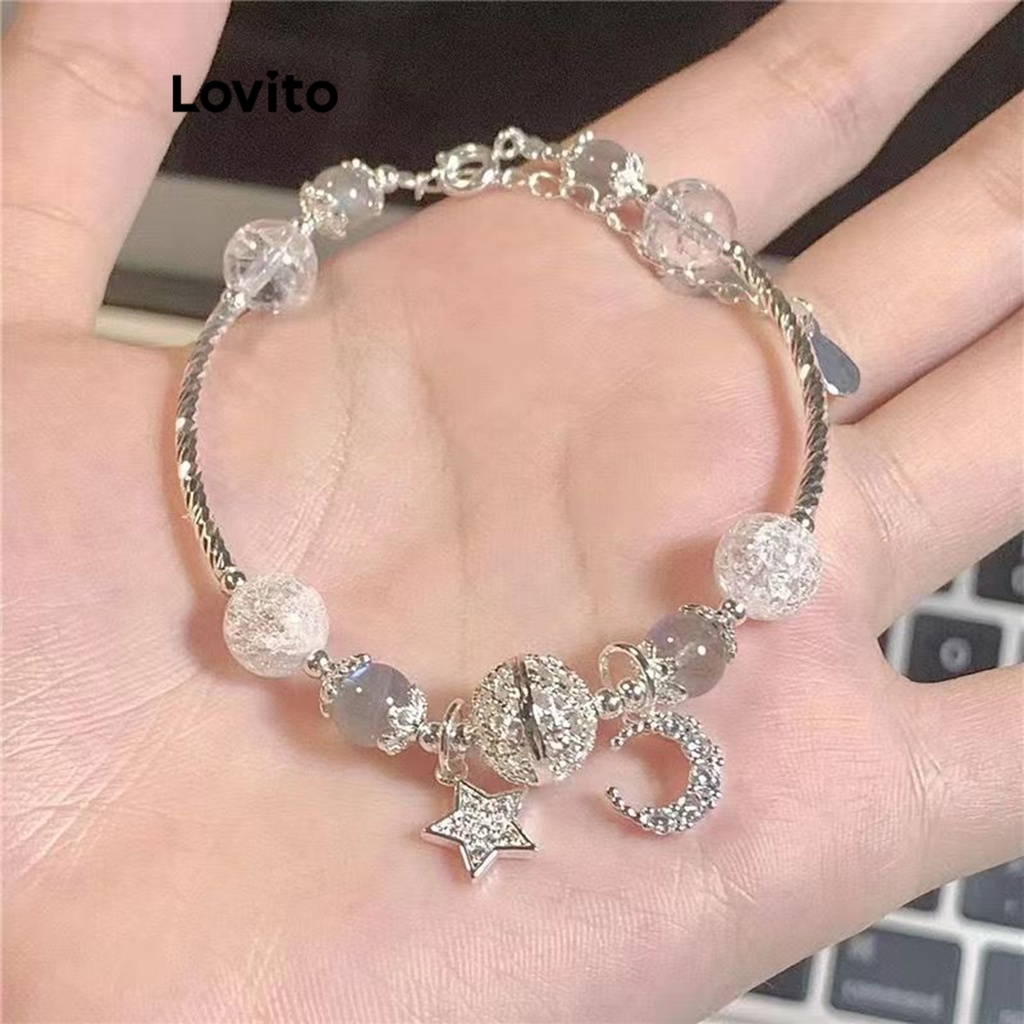 Lovito สร้อยข้อมือ พลอยเทียม รูปดาว ธรรมดา ลําลอง สําหรับผู้หญิง LFA06110 (สีเงิน)
