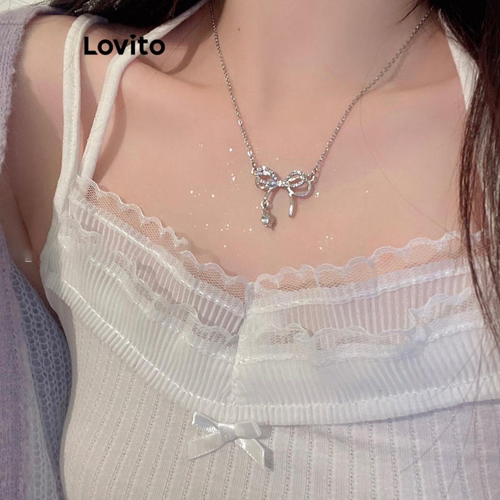 Lovito สร้อยคอผู้หญิง แต่งจี้พลอยเทียมรูปโบว์ สีเรียบ สไตล์ลำลอง LFA11197