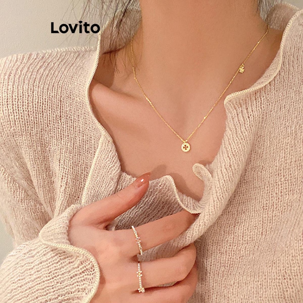 Lovito สร้อยคอผู้หญิง แต่งพลอยเทียม ดอกไม้ สไตล์ลำลอง LFA09541
