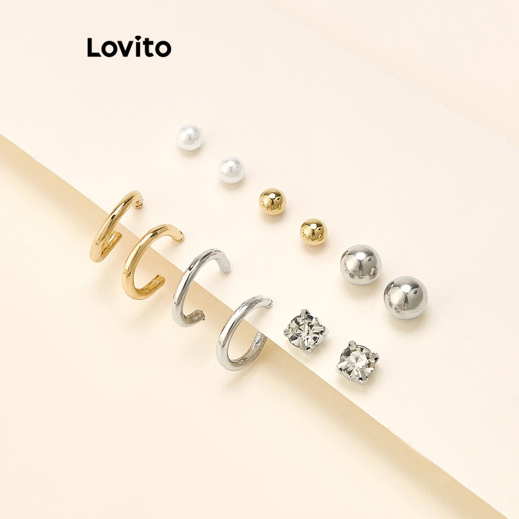 Lovito เซ็ทต่างหูผู้หญิง แต่งพลอยเทียม สีเรียบ สไตล์ลำลอง LCS02027