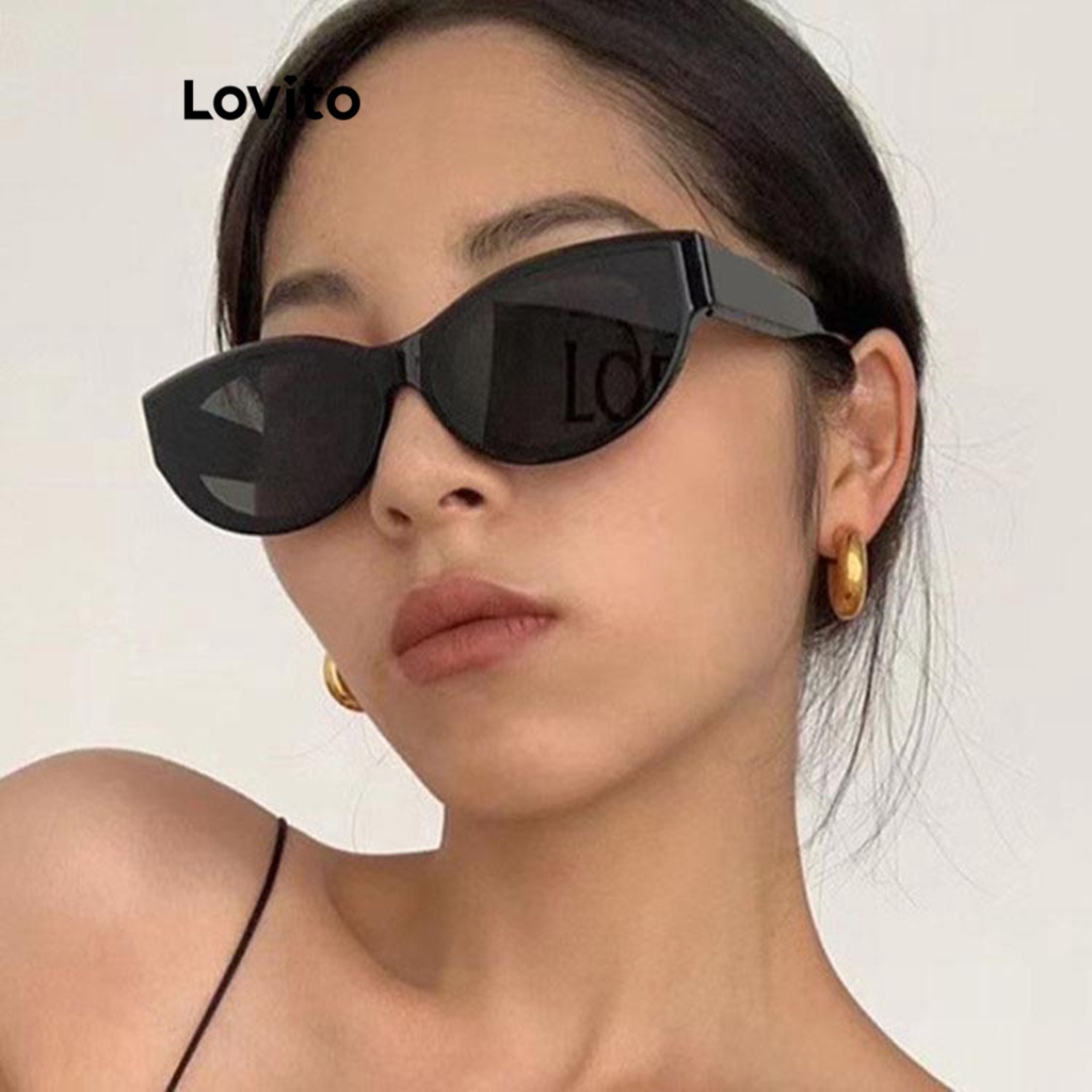Lovito แว่นกันแดดผู้หญิง สไตล์ลำลอง สีพื้น เบสิก LNA32304 (สีดำ)