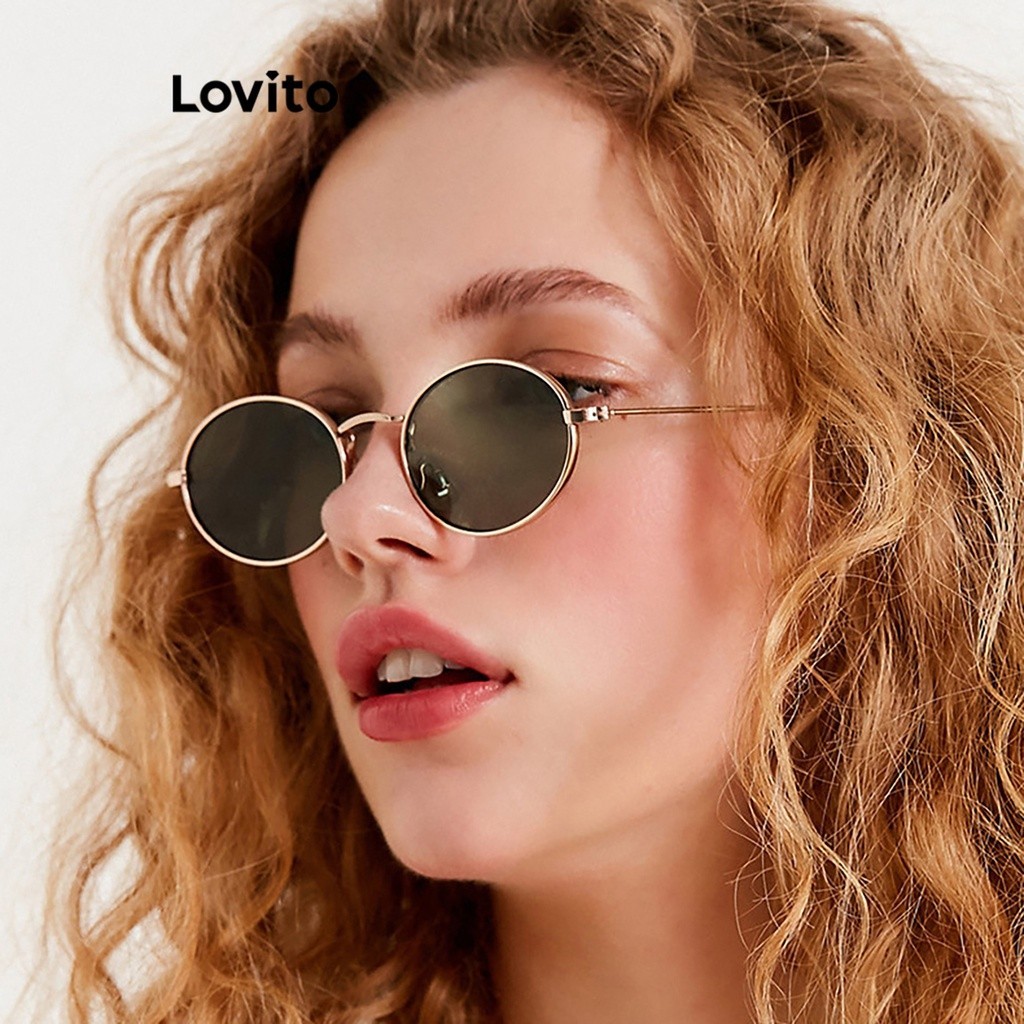 Lovito แว่นกันแดดผู้หญิง สไตล์ลำลอง สีพื้น โลหะ LNA28276 (ทอง)