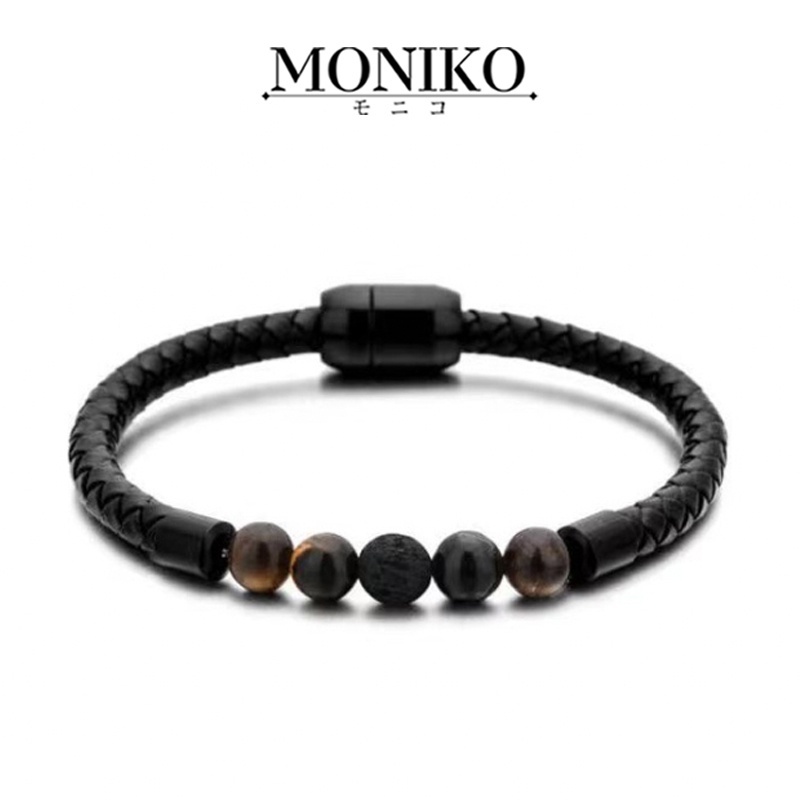 Moniko การออกแบบดั้งเดิม สร้อยข้อมือไทเกอร์อายเชือกสีดำ กำไลแฟชั่นผู้หญิงผู้ชาย
