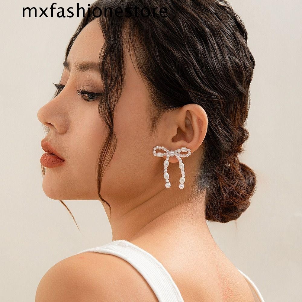 Mxfashione ต่างหูสตั๊ด ประดับโบว์ และไข่มุก เครื่องประดับ สไตล์เกาหลี เรียบง่าย สําหรับผู้หญิง