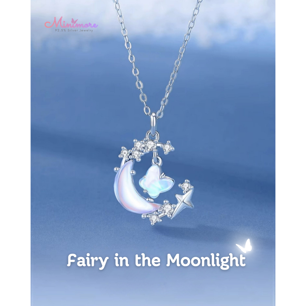 [NL129] สร้อยคอเงินแท้ 92.5% Fairy in the Moonlight คริสตัลสะท้อนแสงสีฟ้า ประกายวิ๊บวั๊บสวยมากๆ Minimore 925