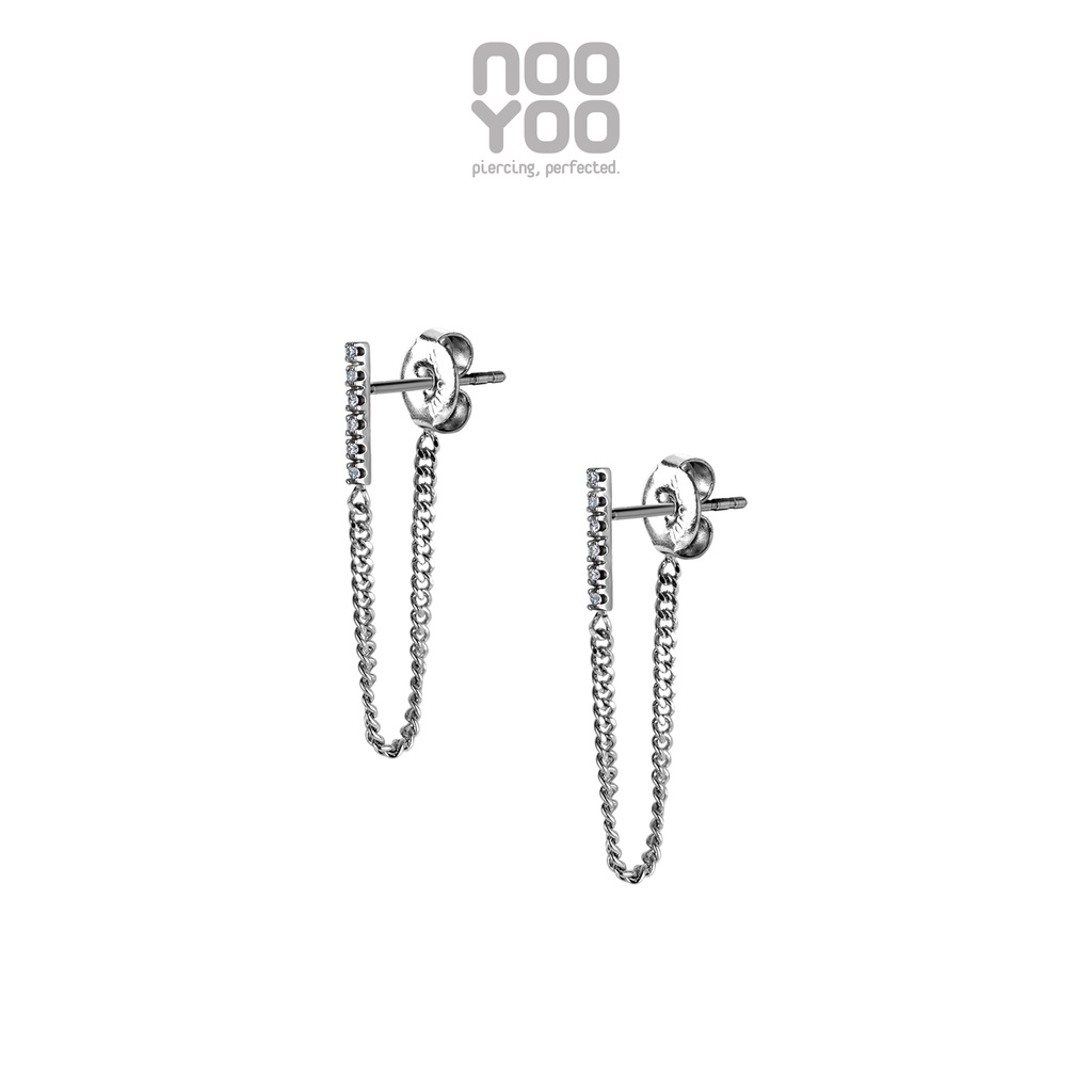 NooYoo ต่างหูสำหรับผิวแพ้ง่าย Bar Chain Jacket CZ White Surgical Steel