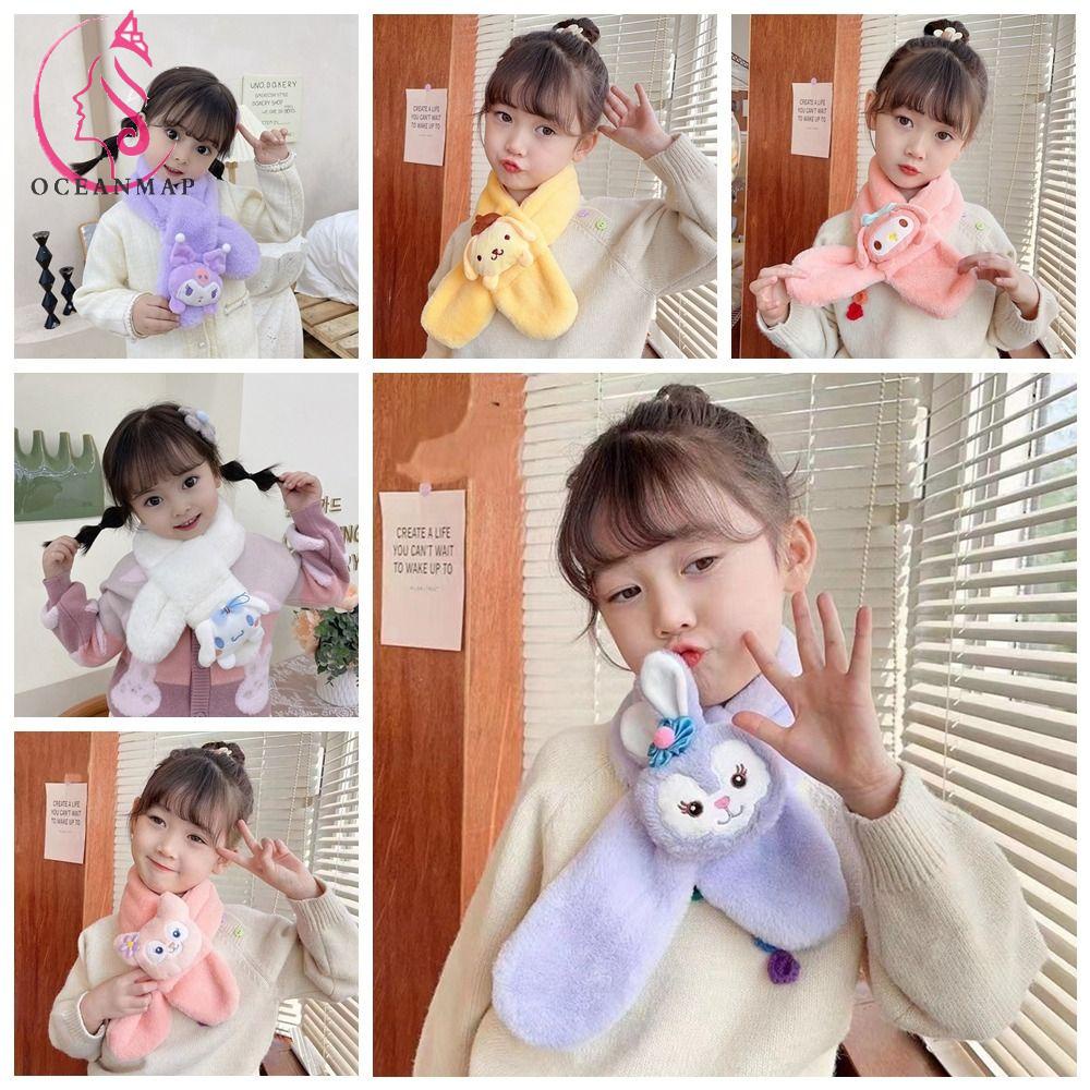 Oceanmap ผ้าพันคอ ผ้ากํามะหยี่ขนนิ่ม ลายการ์ตูน Cinnamoroll น่ารัก ให้ความอบอุ่น สําหรับเด็กผู้หญิง