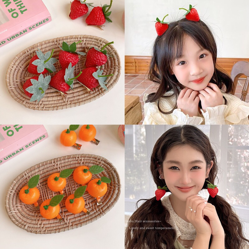 PASUAY กิ๊บหนีบผม ขนาดเล็ก ตกแต่งส้ม สตรอว์เบอร์รี่ เชอร์รี่ | กิ๊บสตรอว์เบอร์รี่