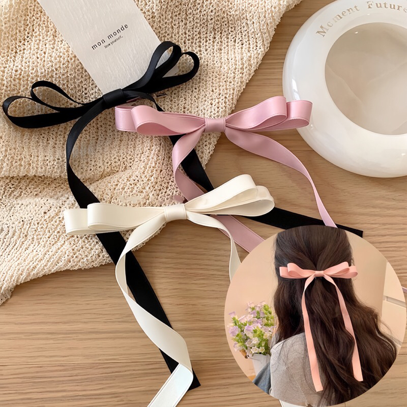 PASUAY กิ๊บโบว์ 2 ชั้น 2 หาง สไตล์โมริ [ริบบิ้นลื่นเงา 1.5 ซม.] ริบบิ้นโบว์ โบว์ติดผม
