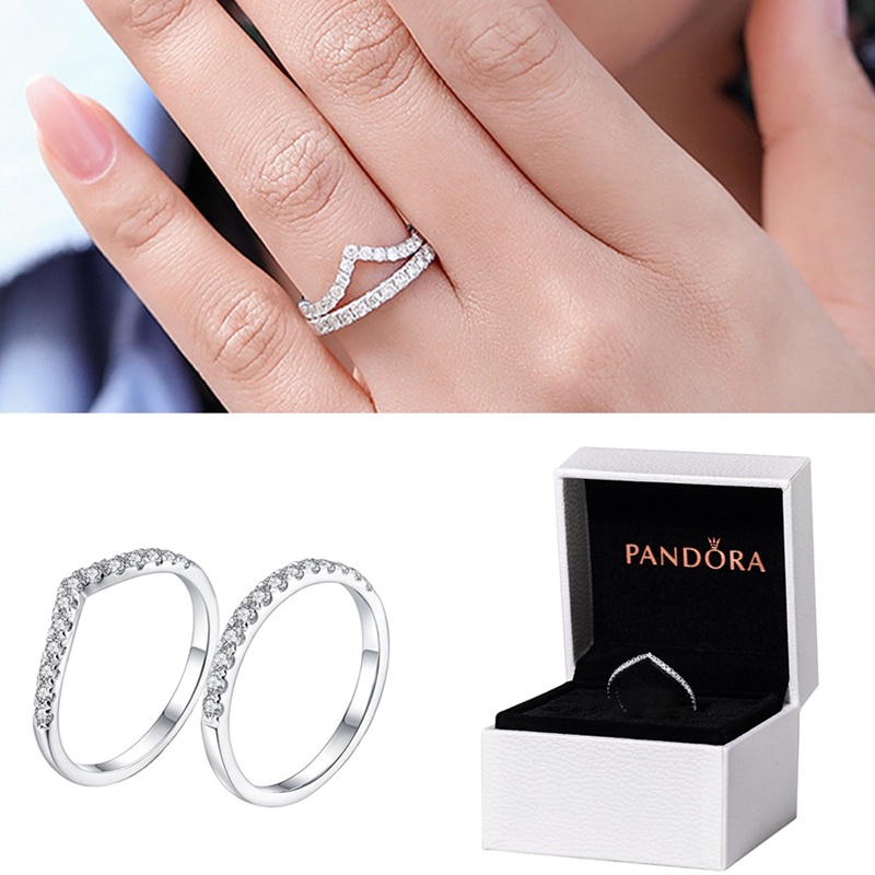 Pandora แหวนเงิน 925 ประดับเพชร เพทาย รูปตัว V สําหรับหมั้น งานแต่งงาน 2 ชิ้น ต่อชุด