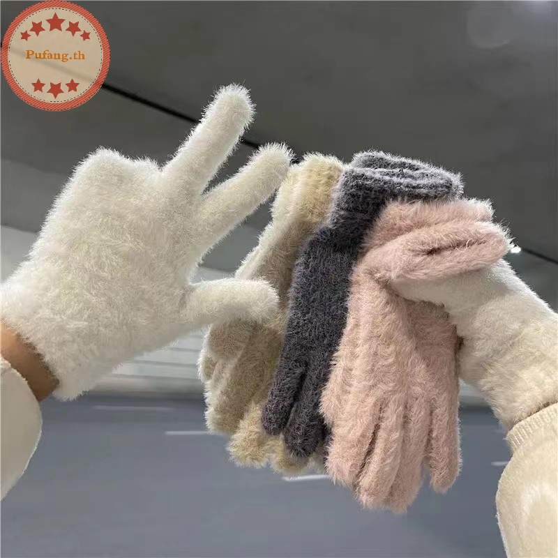 Pufang ถุงมือ ผ้ากํามะหยี่ แบบหนา ไร้นิ้ว ระบายอากาศ สีพื้น สไตล์เกาหลี สําหรับฤดูหนาว