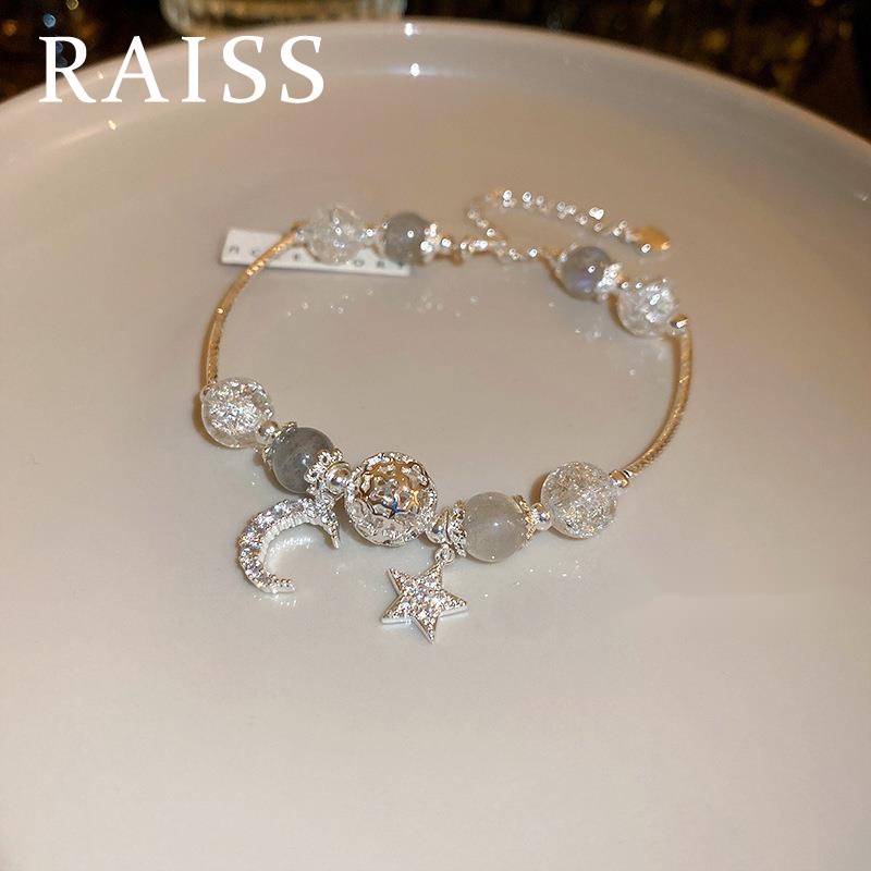 Raiss สร้อยข้อมือ ประดับลูกปัดคริสตัล เพทาย รูปดวงจันทร์ ดาว สีเทา แฟชั่นสําหรับผู้หญิง