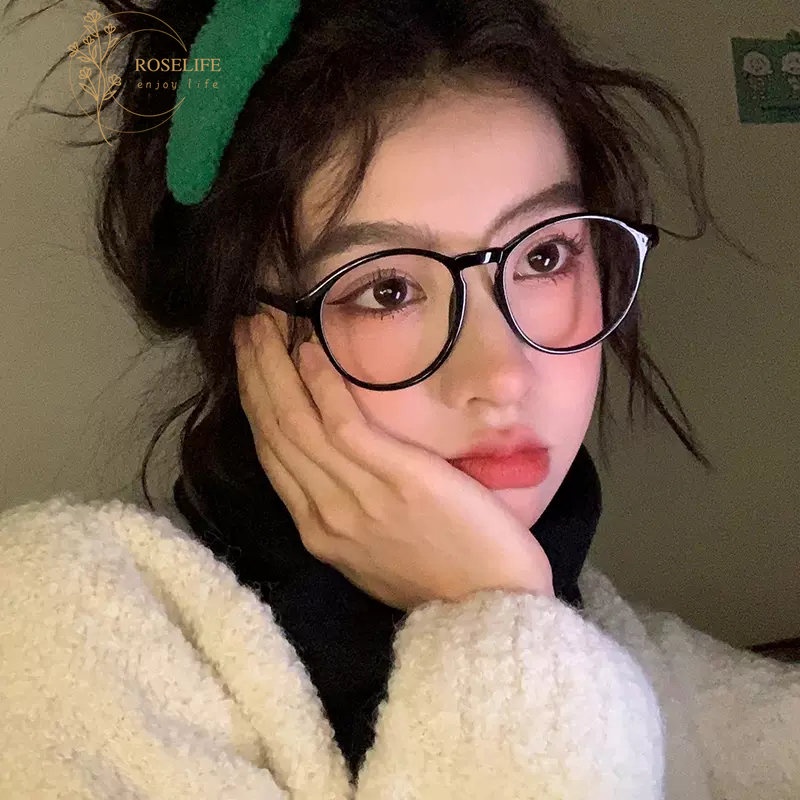 Roselife ย้อนยุคแสงสีฟ้า Unisex ปิดกั้นกรอบกลมสีดําแว่นตาเลนส์ใสแว่นตาสําหรับผู้หญิงสาวแว่นตาใส