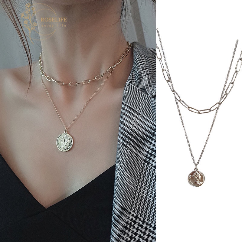 Roselife สร้อยคอโชคเกอร์ สองชั้น จี้รูปราชินี สไตล์วินเทจ สีเงิน เครื่องประดับ สําหรับผู้หญิง