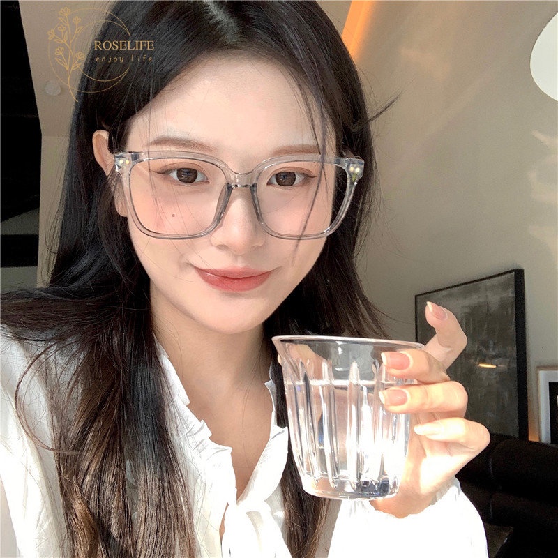Roselife แว่นตาแฟชั่น TR90 กรอบสี่เหลี่ยม สีเทาใส สไตล์เกาหลี สําหรับผู้หญิง และผู้ชาย OOTD