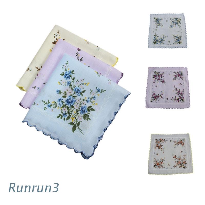 Runny ผ้าเช็ดหน้า ผ้าฝ้าย ปักลายลูกไม้ ดอกไม้ สําหรับผู้หญิง 3 ชิ้น