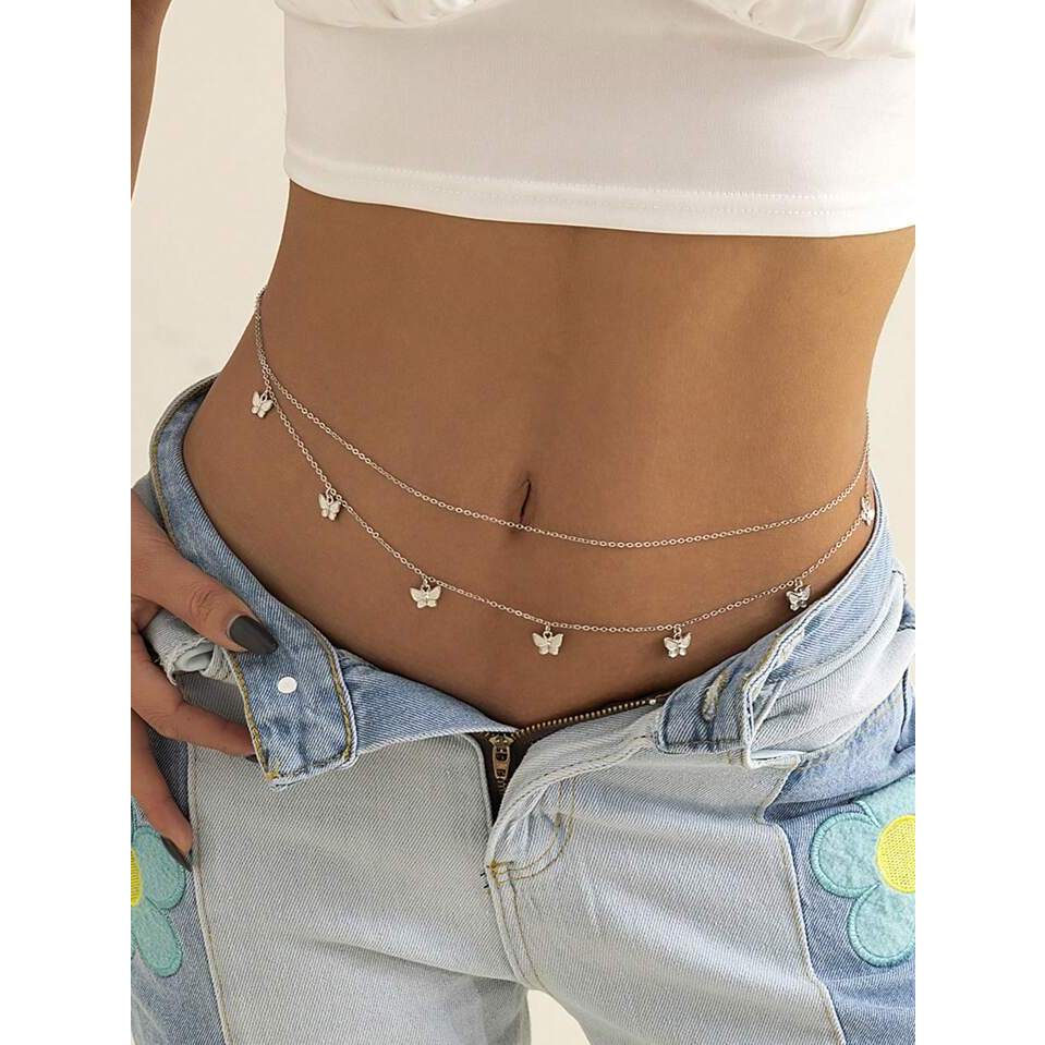 [SIS.SIE พร้อมส่ง]no.6348 โซ่เอว 2เส้น แต่งจี้ผีเสื้อ สีเงิน/สีทอง layered butterfly waistchain