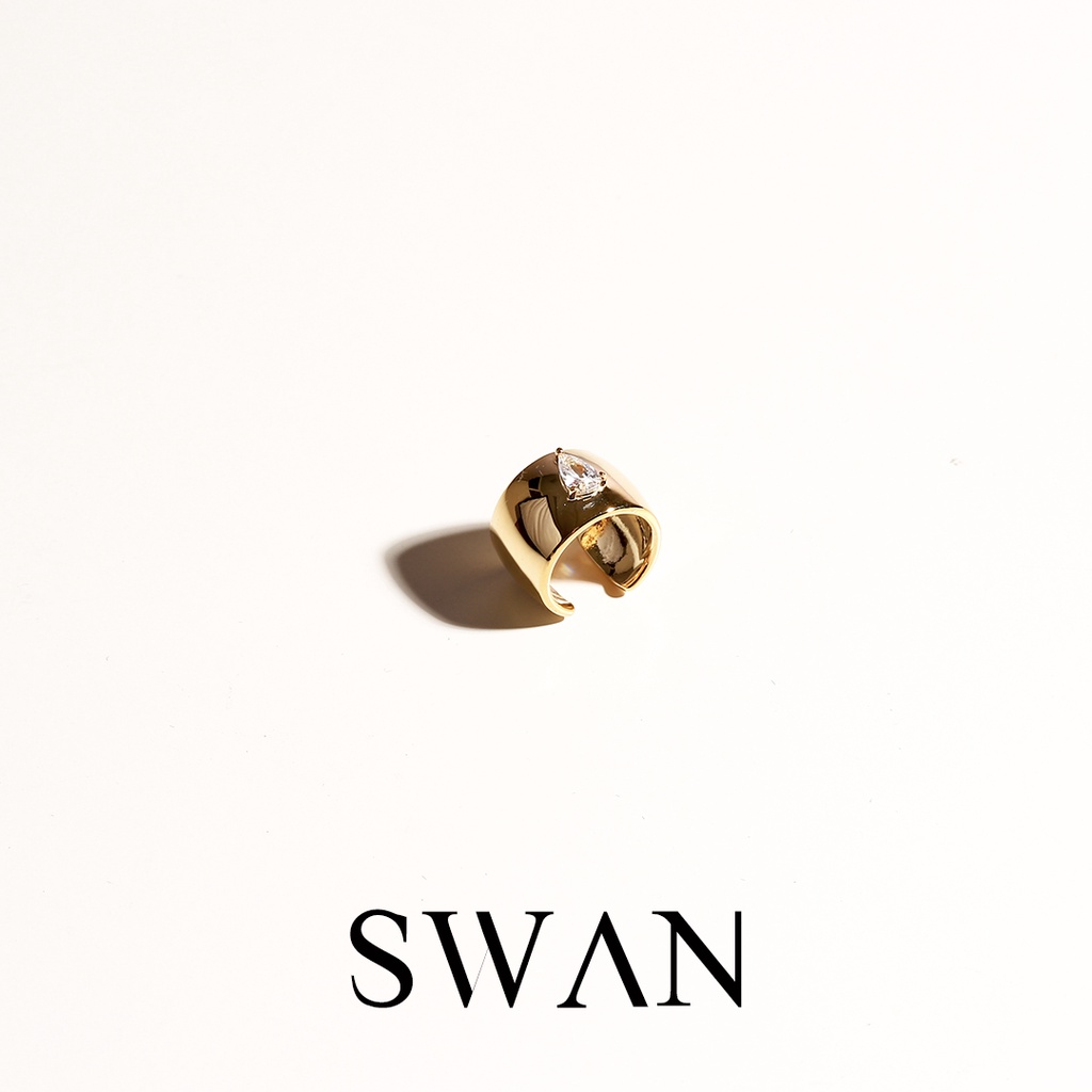 SWAN - Plain Pear Cuff ต่างหูหนีบเงินแท้ คล้องหู ไม่ต้องเจาะ ฝังเพชรคิวบิกเซอร์โคเนีย cubic zirconia