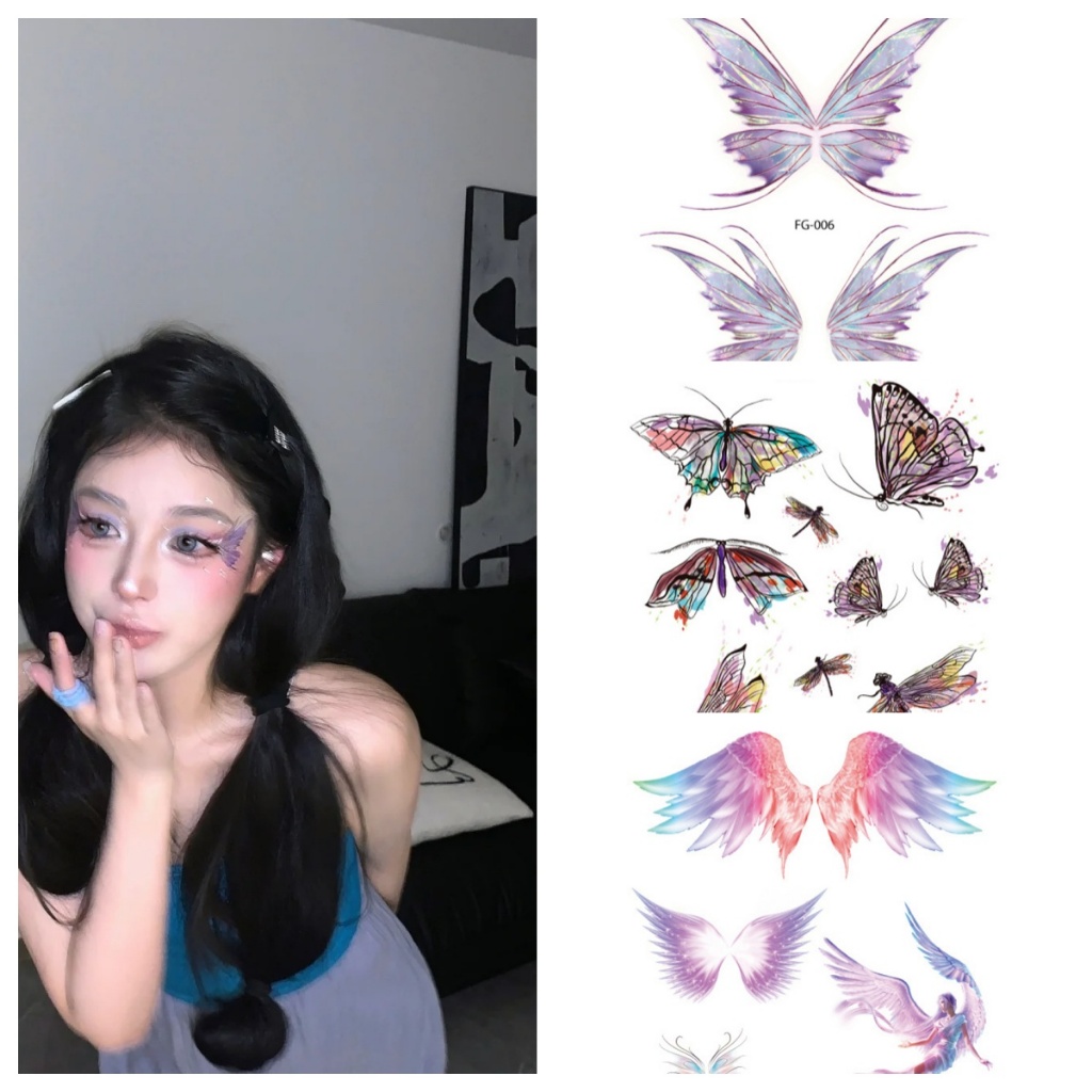 Sfghouse สติกเกอร์รอยสัก รูปผีเสื้อ ดอกไม้ สีสันสดใส กันน้ํา DIY สติกเกอร์ใบหน้า