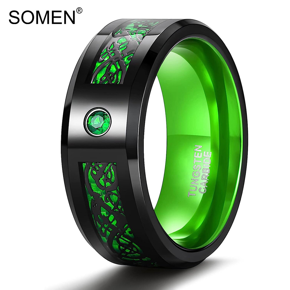 Somen แหวนทังสเตน เพทาย ทังสเตน 8 มม. สีดํา สีเขียว สําหรับผู้ชาย ไซซ์ 7-13