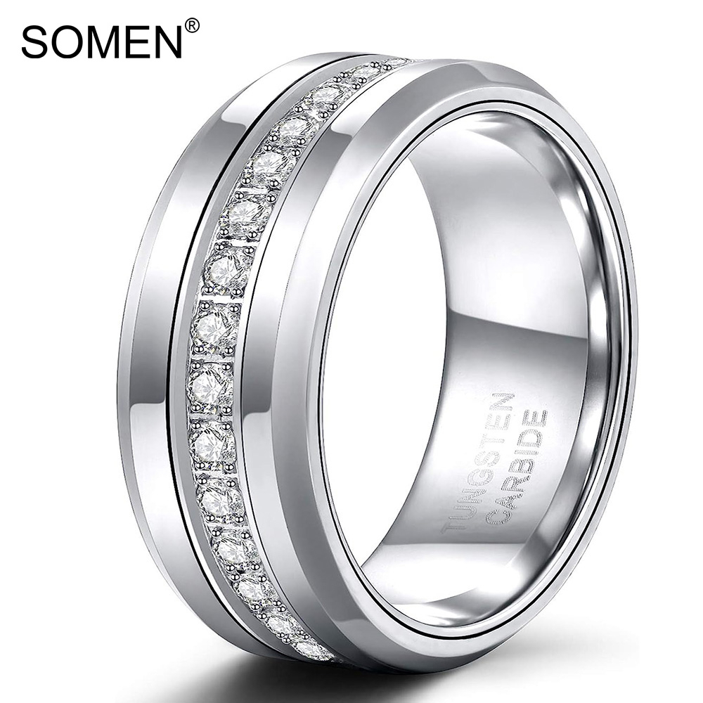 Somen แหวนแต่งงานทังสเตน ฝังเพทาย CZ ทังสเตน 8 มม. สีเงิน สําหรับผู้ชาย ไซซ์ 6-13