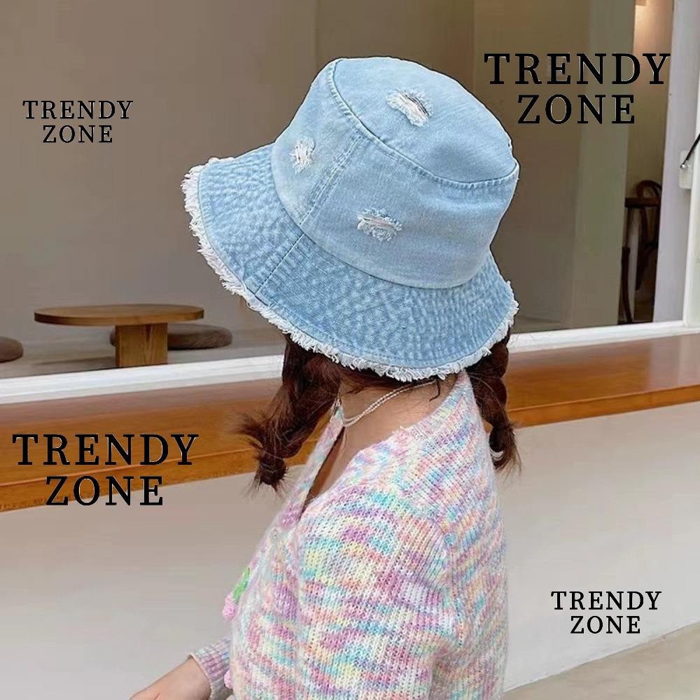 Trendyzone หมวกบักเก็ตยีน พับได้ แต่งรอยขาด แฟชั่นฤดูร้อน สําหรับตกปลา