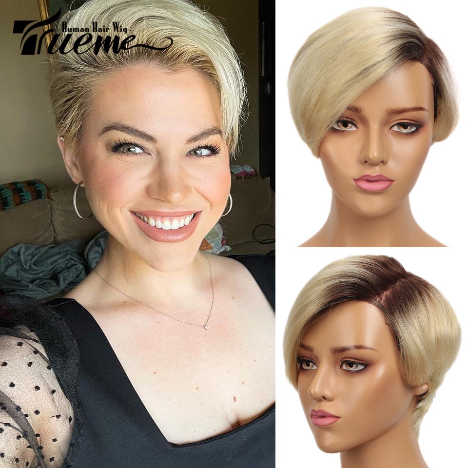 Trueme วิกผมสั้น บ๊อบพิกเซีย ตัดลูกไม้ สีบลอนด์ สําหรับผู้หญิง