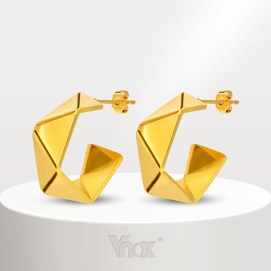Vnox ต่างหูตะขอ ชุบทอง 18K รูปตัว C ไม่สมมาตร แฟชั่น สําหรับผู้หญิง