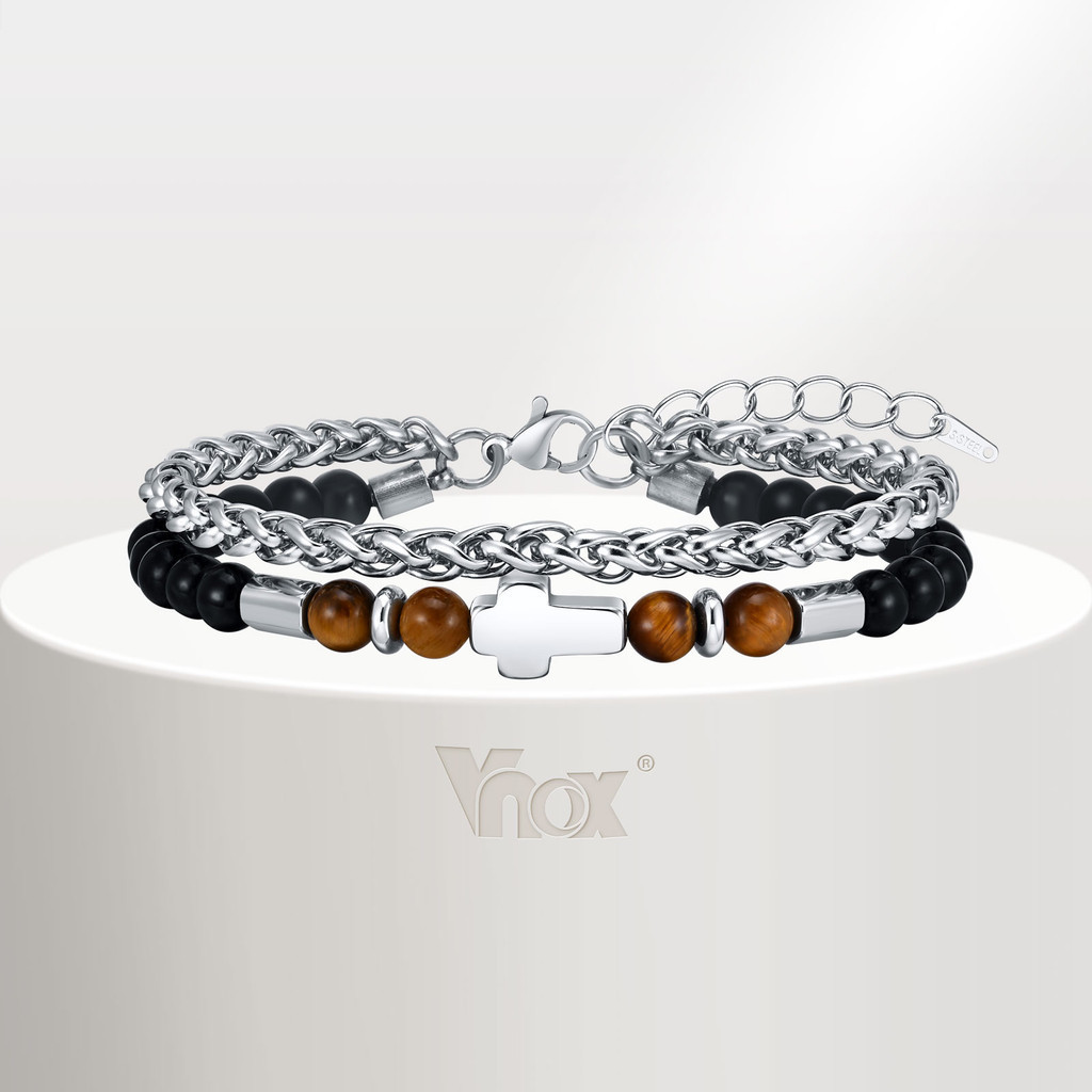 Vnox สร้อยข้อมือสเตนเลส หินอาเกตตาเสือ สองชั้น เครื่องประดับแฟชั่น สําหรับผู้ชาย