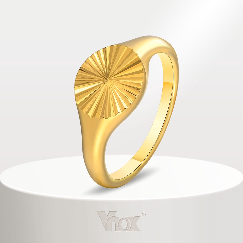 Vnox แหวนสเตนเลส ชุบทอง ทรงวงรี ลายนูน ดวงอาทิตย์ เรขาคณิต สีทอง สําหรับผู้หญิง