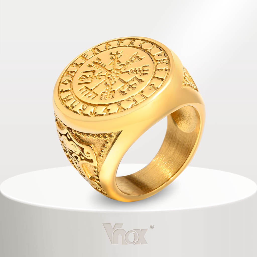Vnox แหวนสเตนเลส เข็มทิศ ค้อนทุบ สีทอง สไตล์วินเทจ เครื่องประดับ สําหรับผู้ชาย