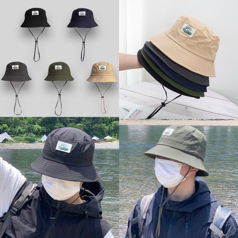 (XB) หมวกเดินป่า ทรงบักเก็ตปีกสั้น กันแดด มีสายคล้องคอ(ป้าย)
