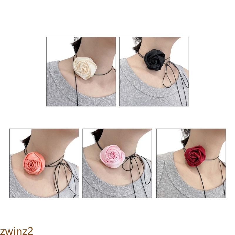 Zwinz2 สร้อยคอโชคเกอร์ ผ้าไหม จี้ดอกกุหลาบ สไตล์วินเทจ สําหรับผู้หญิง