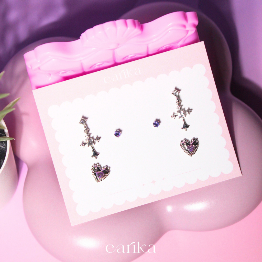 earika.earrings -  irish soul cross set เซ็ตต่างหูแป้นทับธีมหัวใจสีม่วง ก้านเงินแท้ เหมาะสำหรับคนแพ้ง่าย