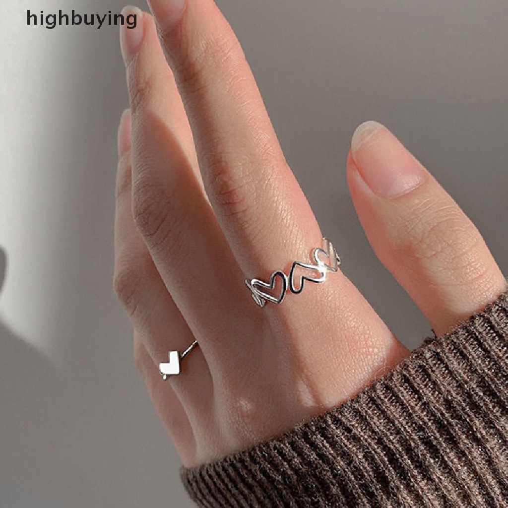 [highbuying] 1Set Fashion Personality Heart Shape Hollow Out Silver Color Open Ring for Women Simple Clean Ins Style Adjustable Ring Trendy Girls Jewelry New Stock