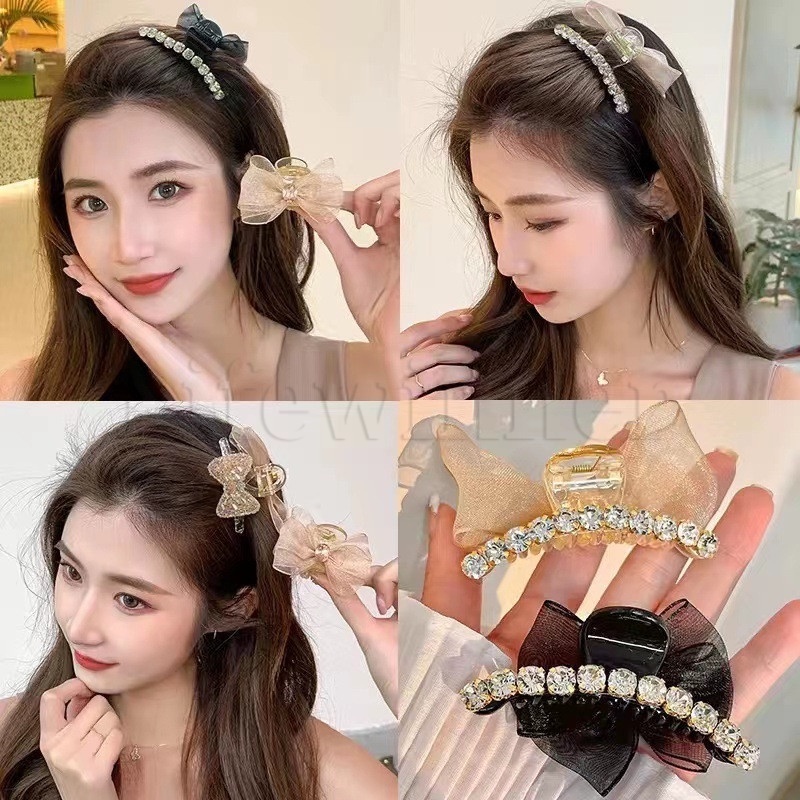 กิ๊บติดผม ตาข่ายสองด้าน ประดับโบว์ พลอยเทียม ขนาดเล็ก หรูหรา สไตล์เกาหลี สําหรับผู้หญิง