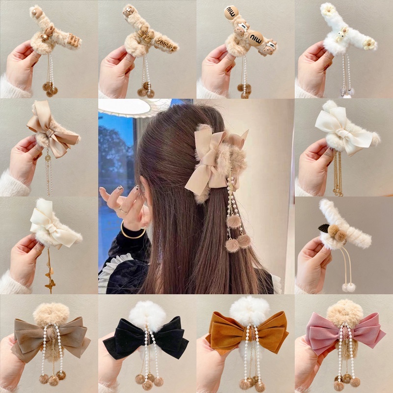 กิ๊บติดผม ผ้ากํามะหยี่ขนนิ่ม จี้ไข่มุกน่ารัก แฟชั่นเกาหลี สําหรับผู้หญิง