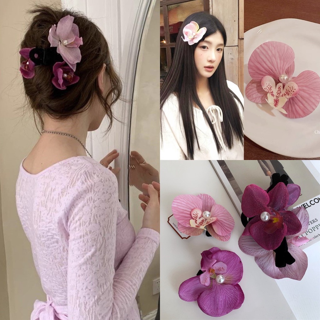 กิ๊บติดผม รูปกล้วยไม้จําลอง ประดับไข่มุก สไตล์เกาหลี สําหรับผู้หญิง