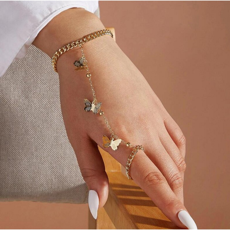 [ของขวัญ] สร้อยข้อมือแหวนนิ้วมือรูปผีเสื้อสไตล์โบฮีเมียนวินเทจสําหรับผู้หญิงและผู้ชาย