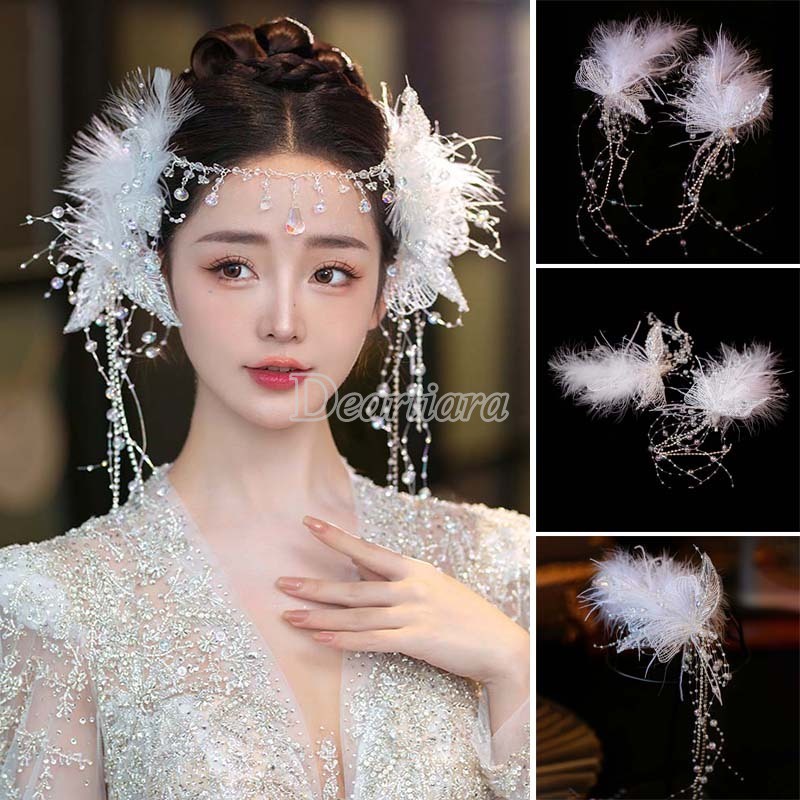 คลิปหนีบผ้าลูกไม้ ประดับพู่ขนนก สีขาว แฮนด์เมด สําหรับชุดแต่งงานเจ้าสาว