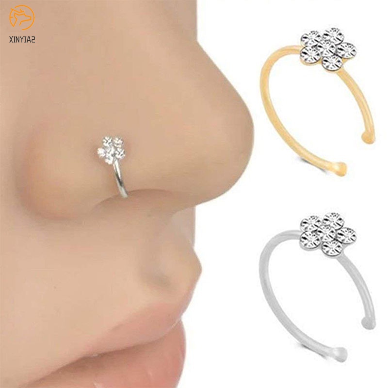 จิวจมูกดอกไม้ปลอมแหวนและกระดุมจมูกคลิปห่วงจมูก Rhinestone 5 Rhinestone