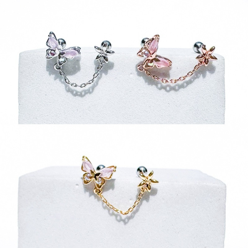 จิวต่างหูเกาหลี More Than Piercing: C012 Pinky Butterfly Chain