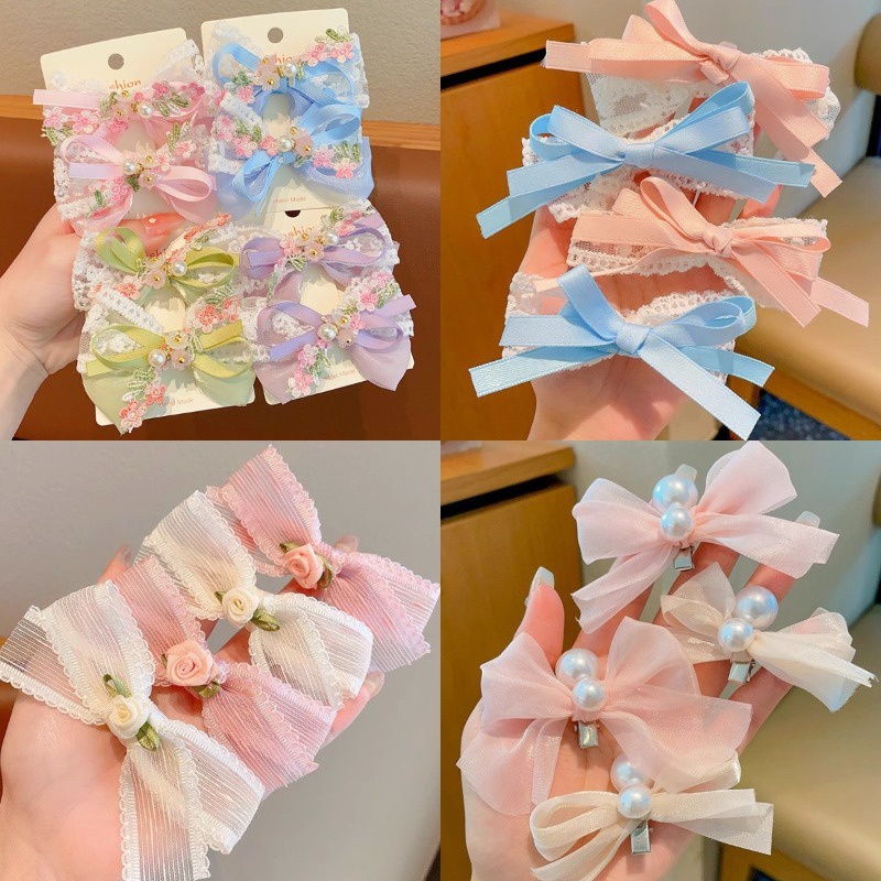 ชุดกิ๊บติดผมหน้าม้า ริบบิ้นโบว์ ลูกไม้ ดอกกุหลาบ แฟชั่นสําหรับผู้หญิง 2 ชิ้น
