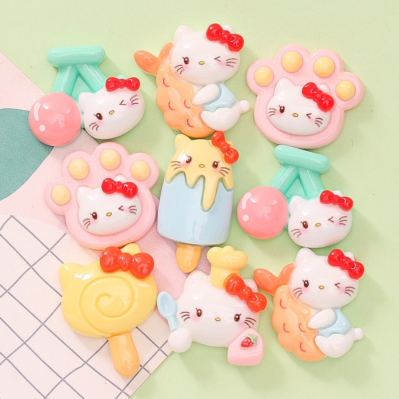 ชุดเครื่องประดับเรซิ่น รูปการ์ตูนแมว Hello Kitty น่ารัก สําหรับตกแต่งสมุดภาพ จํานวน 10 ชิ้น